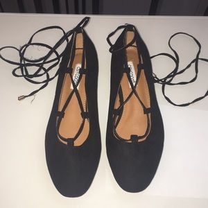 Beautiful Black Suede Flats With Ankle Ties